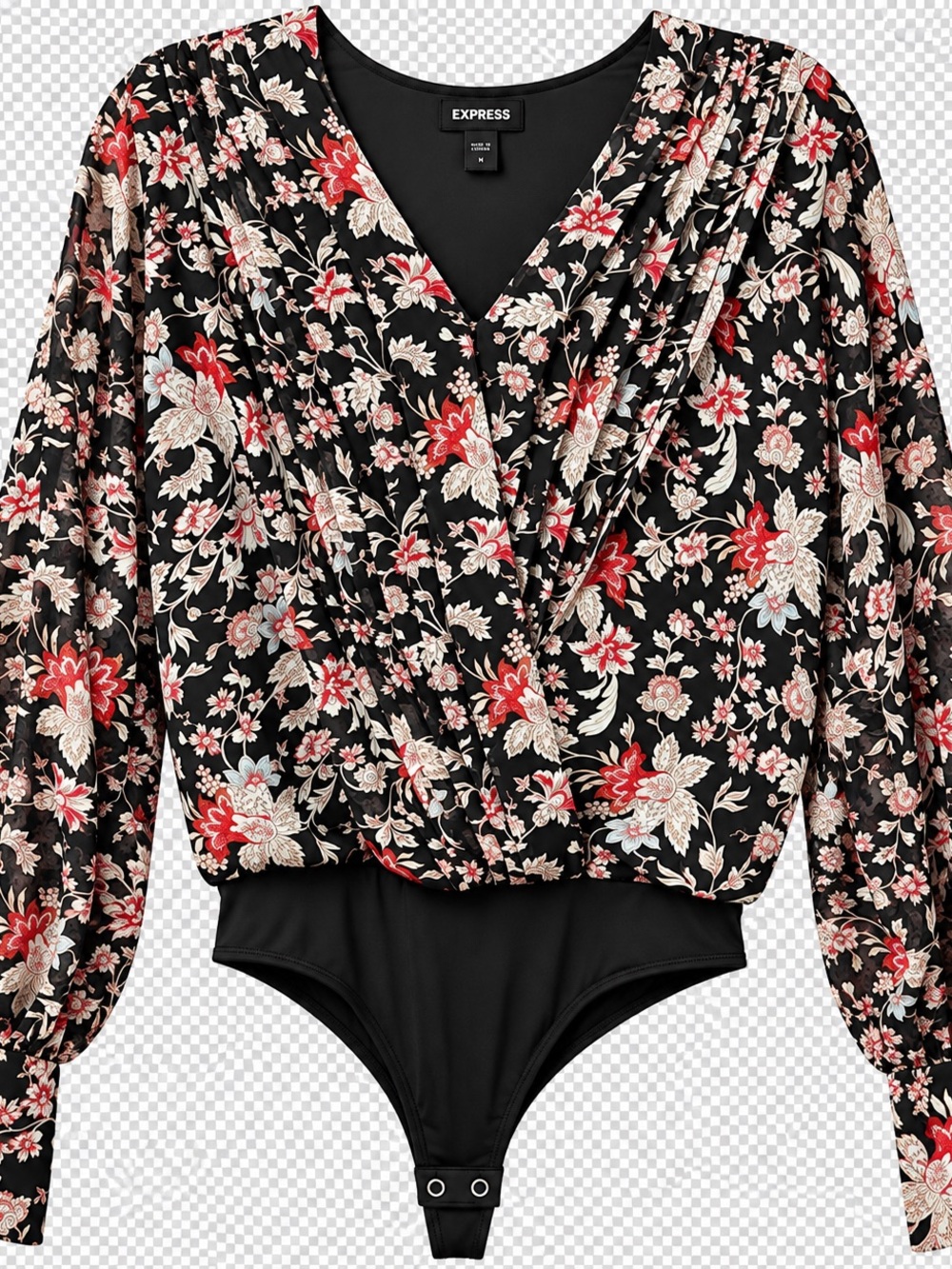 Express Black Floral Wrap-Front Bodysuit with Red & Cream Accents